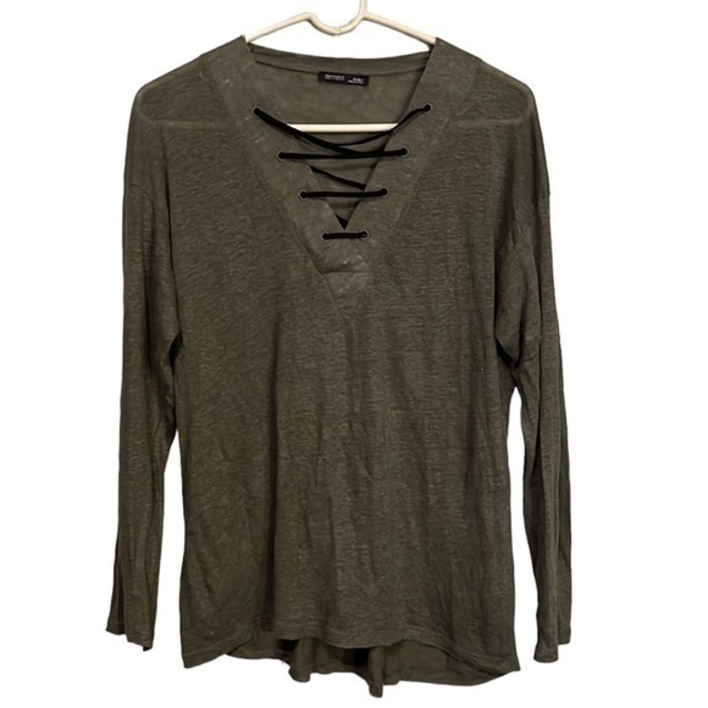 ZARA V Neck Long Sleeve Blouse Green/Black Womens size medium